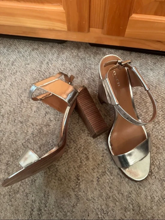 Coach Metallic Silver Leather Block Heel Sandals heel approximately 5” - Picture 2 of 12